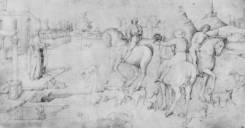 Los tres hombres muertos y los tres hombres vivos, del Álbum de dibujos de Jacopo Bellini (tinta marrón y metal sobre vitela)
